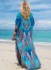 ボヘミアンシーサイドプラスサイズプリントKaftan Maxiドレスvネックスリットルーズローブ女性2024サマービーチウェア水着の隠蔽Q1415 240318