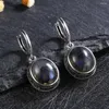 Brincos de argola 925 prata esterlina oval natural moonstone para mulheres simples vintage turquesa labradorite orelha joias presente de casamento