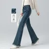 Xin GE Micro La Jeans Dames Hoge taille Slanke elastische slanke Fit Franse korte negen punten Flare Pants Trendy