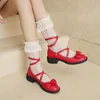 Dress Shoes Sweet LOLITA College Girl Student PU Leather Lace Bowknot Med Heels Round Toe Cosplay Shoe Big Size 33-43 X4-1A