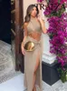 TRAFZA Womens Summer Metallic Crossover Bolero Set Fashion Slit High Waist Knit Skirts Sexy Midi Dress 2 Pieces 240321