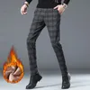 winter Fleece Pants Me High Quality Busin Casual Plaid Slim Cott Lg Trousers Male Black Gray Thick Pant Big Size 28-40 v97V#