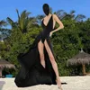 Moda kadınlar bodysuit elbise kolsuz derin v yaka arkasız akışlı uzun elbise için kokteyl partisi kulüp sokak stili s m l 240314