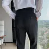 british Men's Trousers High Waist Busin Casual Work Suit Pants Butt Belt Slim Fit Dr Clothes Male Khaki White Black a78S#