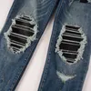 Männer Leder Patch Biker Jeans Skinny Tapered Stretch Denim Blau Hosen Streetwear Patchwork Löcher Zerrissene Hosen 721W #