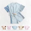 Летняя детская одежда, футболка для маленьких мальчиков, штаны, 2 шт., детский однотонный костюм с короткими рукавами и эластичной резинкой на талии, одежда для маленьких девочек, наряд для малышей 240326