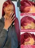 Perruque Lace Frontal Wig naturelle lisse rouge bordeaux 13x6 HD, cheveux humains, pre-plucked, couleur 99J, 13x4, pour femmes