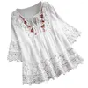 Women's Blouses Women Ethinic Cotton Blouse Mori Girl Clothing Retro Lace Patchwork Flower Pleated Tunic Solid V-Neck 3/4 Sleeve Shirts