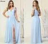 Light Sky Blue Flowy Chiffon A Line Prom Dresses Plus Size Off The Shoulder Pleated Long Bridesmaid Formal Wear Sexy Split Floor Length Evening Party Gowns