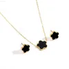 Hot Selling Stainless Steel Black Color Flower Shaped 18k Gold Plated Five Leaf Clover Necklace and Earring Women Jewelry Set