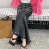 Skirts Women Skirt A-line Big Swing Denim Retro Pockets Solid Color High Waist Button Zipper Ankle Length Ripped Edge Lady Maxi