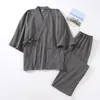 Homens Traditial Japonês Pijamas Set Cott Robe Calças Kimo Haori Yukata Camisola Japão Estilo Macio Vestido Pijamas Obi Outfits 59Mb #