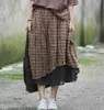 Skirts Linen Skirt Retro Art Color Matching Grid Double Layer Oblique Pocket Comfort Irregular Hem Plus Size Women USWMIE