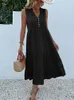 Jim Nora Casual Summer Midi Dress Women Sleeveless Tank V Neck Button Ruffle Loose Dresses Beach Soild Sundress Fashion 240320