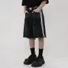 street Y2k Shorts Men's Striped Stitching Ripped Tassel Denim Shorts Trendy Fi Loose Wed Jeans Three-bar Raw Edge Pants 56rz#