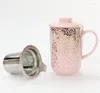 Tasses tasses à café en céramique rose exquise avec couvercles et filtres élégants pour dames