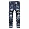 Mannen Patchwork Denim Jeans Gaten Gescheurd Verdeeld Donkerblauw Stretch Broek Casual Fringe Slanke Rechte Broek 63A3 #
