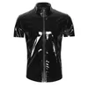 Mens WetLook PVC Leather T Shirts Topps Black Punk Tight Fitn Clothing Short Sleeve Zipper Mens Stage Topps Sexy Party Clubwear 85HV#