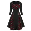 Herfst Winter dames vintage ronde hals geruite patchwork mock-knop lange mouw jurk nieuw in jurken
