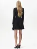 Casual Jurken Zwarte Elegante Geplooide Gebreide Mini-jurk Voor Vrouwen 2024 Winter V-hals Contrast Rand Dame Lange Mouwen Slim Fit korte