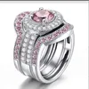 Cluster-Ringe 3 teile / satz Luxus Rosa Kristall Verlobungsring Silber Farbe Weiß Zirkonia Hochzeit Für Frauen Schmuck Anillos Mujer