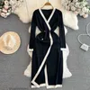 Casual Dresses Autumn Knitted Dress Women V-neck Double-breasted Long-sleeved Split Long Skirt Fashion Slim Patchwork Sweater