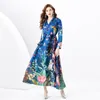 V-Neck Floral Blue Maxi Resort Dress Long Sleeved Elegant Designer Women Women Vintage Printage Swing Dresses Ribbon Bow Spring Ladies A-Line Casual Beach Party Comples 2024