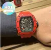 男性RMリストウォッチカレンダー腕時計時計ビジネスレジャーRM11-03完全自動機械式時計レッドカーボンファイバーテープメンズファッション