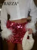 TRAFZA 2024 여성 우아한 솔리드 스팽글 라인 미니 스커트 레이디 섹시한 허리 슬림 짧은 치마 여성 패션 스트리트웨어 240314