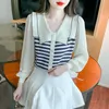 Women's Blouses 2024 Spring Korean Version Of Sweet Doll Striped Knitwear With Chiffon Long-sleeved Foreign Look Slim Top