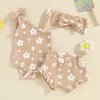 018M né infantile bébé filles vêtements ensembles sans manches fleur imprimé barboteuse shorts arc bandeau gaufre tenues vêtements d'été 240314