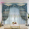 Curtains European Style Curtains for Living Room Bedroom Light Luxury Embroidered Chenille Curtains Tulle Valance Curtains Blue Curtians