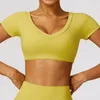 Yoga Outfit Solid Color V Collar Bra Women High Intensity Short Sleeve Gym Top Clothes Fitness Running Workout Shirt