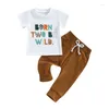 Комплекты одежды RWYBEYW для маленьких мальчиков, наряд на первый день рождения, Wild One Two Three Four, толстовка с короткими рукавами, рубашка, топ, коричневые брюки для бега
