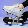 Sapatos de deformação de mobilidade de quatro rodas patins retráteis automáticos led carregamento conveniente fivela rotativa 240320