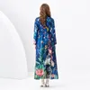 V-Neck Floral Blue Maxi Resort Dress Long Sleeved Elegant Designer Women Women Vintage Printage Swing Dresses Ribbon Bow Spring Ladies A-Line Casual Beach Party Comples 2024