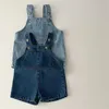 Ins primavera outono moda retro menina crianças denim macacão menino bebê bolso sólido suspensórios calças criança algodão calças casuais 240307