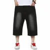 Schinte Sommer Männer Knielangen Shorts Demin Breite Bein Mittlere Hosen Baggy Lose Hip Hop Streetwear Schwarz Große Größe 46 48 344M #