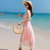 Vestidos casuais vestido rosa mulheres praia longo verão boho festa real seda vestidos senhoras maxi 2024 lwl1583