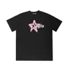 Camiseta feminina de alta versão de marca moderna europeia e americana pulverizada com estampa de estrela solta na moda americana versátil esportes em torno do pescoço casal camiseta de manga curta