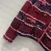 2024 Autumn/Winter New Women's O-neck Red Navy Blue Contrast Stripe Single breasted Pocket Knitted Women's Cardigan Sweater