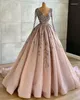 Party Dresses Luxurious Elegant Prom Dress Long Sleeve V Neck Applique Pleated and Floor Ladies Evening Custom Formal