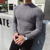 new Autumn Winter Korean Slim Fit Stripe Sweater Men Elastic Knitting Pullover Shirts Semi High Neck Solid Color Tight Sweater K2DQ#