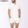 Inderun Striped Men Rompers Oddychający stojak kołnierz Krótkie rękawie Joggers Playsuits Streetwear Fi Men Jumpsuits Szorty S-5xl G55K#