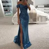 Elegant Off The Shoulder Sequins Mermaid Bridesmaid Dresses Ruched High Thigh Split Blingbling Wedding Guest Maid of Honor Dresses BC18214 0326