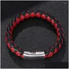 Charm Bracelets Fashion Black Red Braided Leather Bracelet Men Handmade Rope Wrap Bangles Male Jewelry Gifts Drop Delivery Otmxe