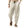 Дизайнерские мужские белые повседневные хлопковые льняные длинные брюки Летние брюки на шнурке Курортный отдых Мужские тонкие негабаритные свободные прямые брюки M-5XL