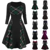 Autumn Winter Women's Vintage Round Neck Plaid Patchwork Mock Button Long Sleeve Dress New In Dresses