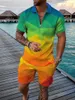 Verão moda masculina sweatsuit conjunto colorido remendos 3d impressão casual zíper camisa polo shorts 2 pçs conjuntos de treino de grandes dimensões 240315