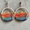 Dangle Earrings Wild Forest Snow Mountain American Western Geometric Round Colored Hollow Bohemian Wood Cactus Print For Women